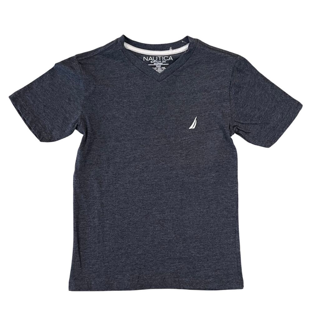 NWT Nautica Boys' Heathered Navy Blue Short Sleeve V-Neck T-Shirt - SIZE S (8)